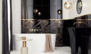 Łazienka w złocie i czerni w stylu glamour